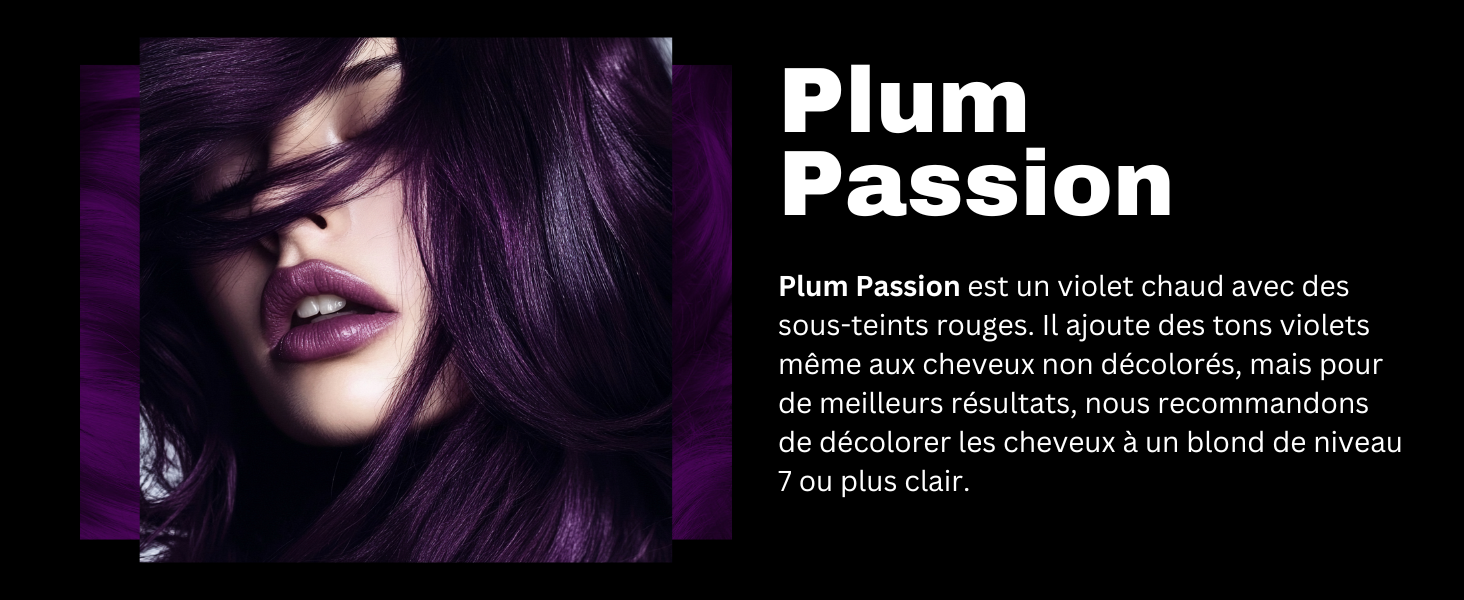 Gros plan de cheveux violets éclatants avec le texte « Plum Passion ». Fond sombre avec vue partielle des lèvres et des mèches de cheveux, mettant en valeur une couleur de cheveux violette intense