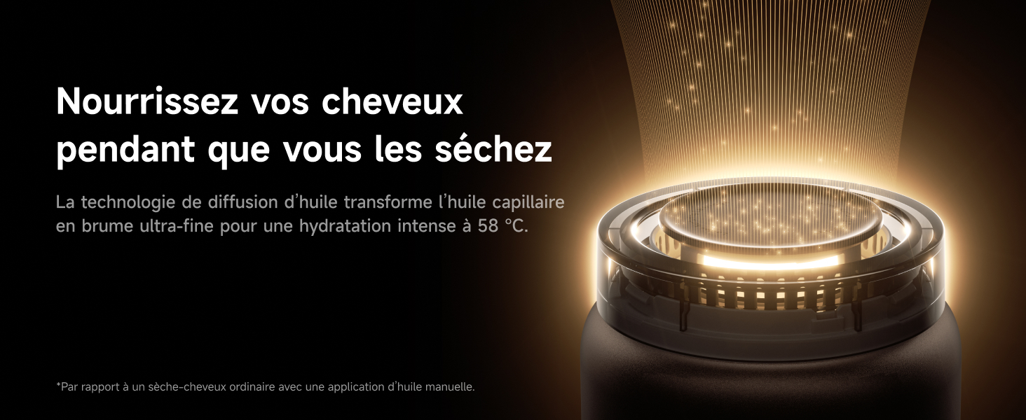 Le texte se lit comme suit : « Nourrissez vos cheveux pendant que vous les séchez ». Image promotionnelle sombre représentant un luminaire circulaire illuminé ou un appareil de beauté.