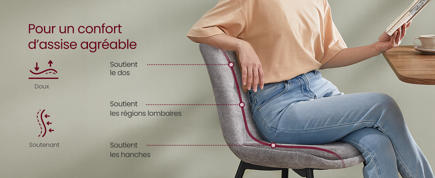 Schéma du coussin de siège ergonomique montrant plusieurs zones de confort et zones de soutien, avec superposition de texte en français