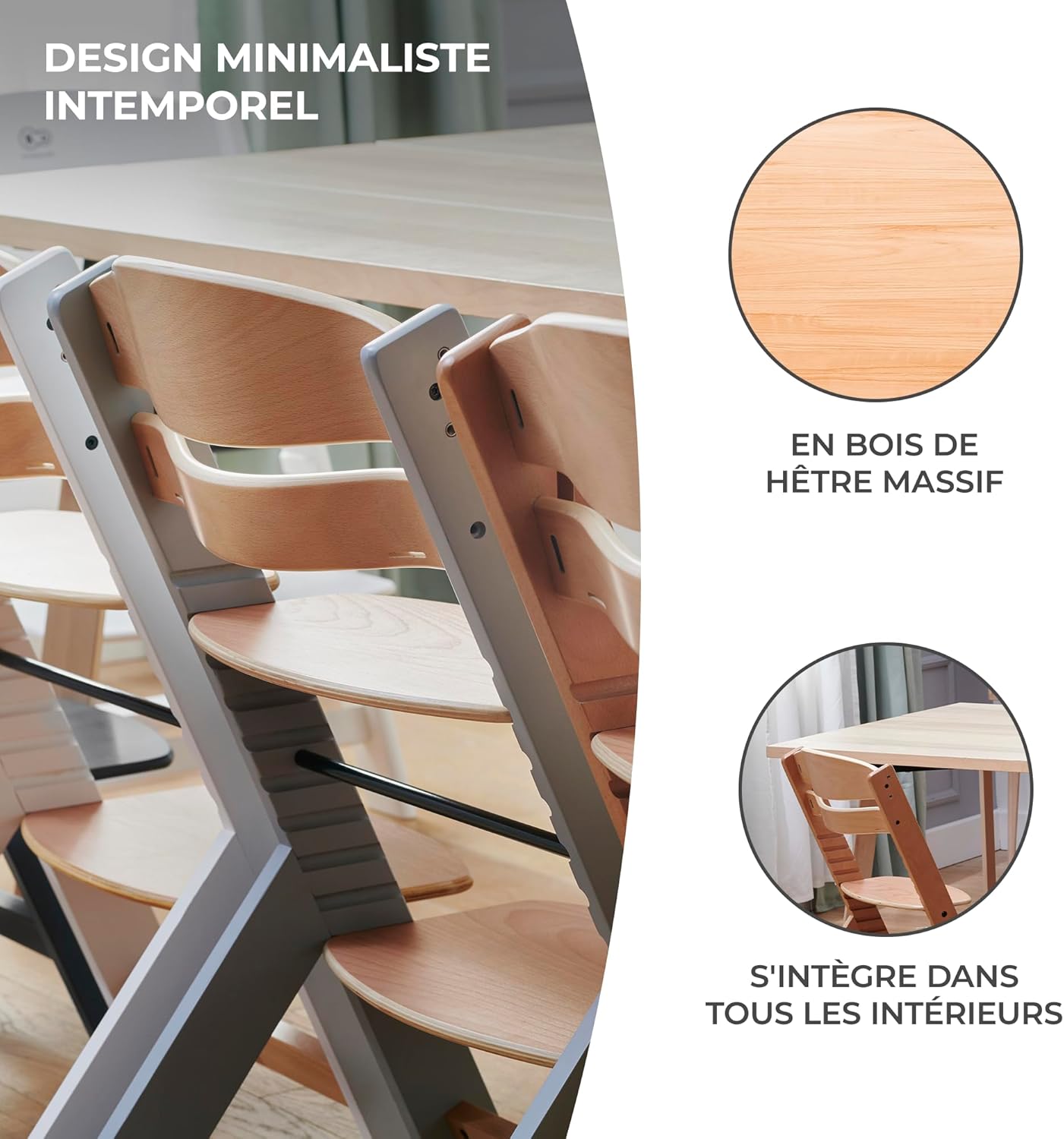 Kinderkraft - ENOCK - chaise haute évolutive, bois hêtre, harnais 3 pts, 35 kg, plateau amovible, blanc