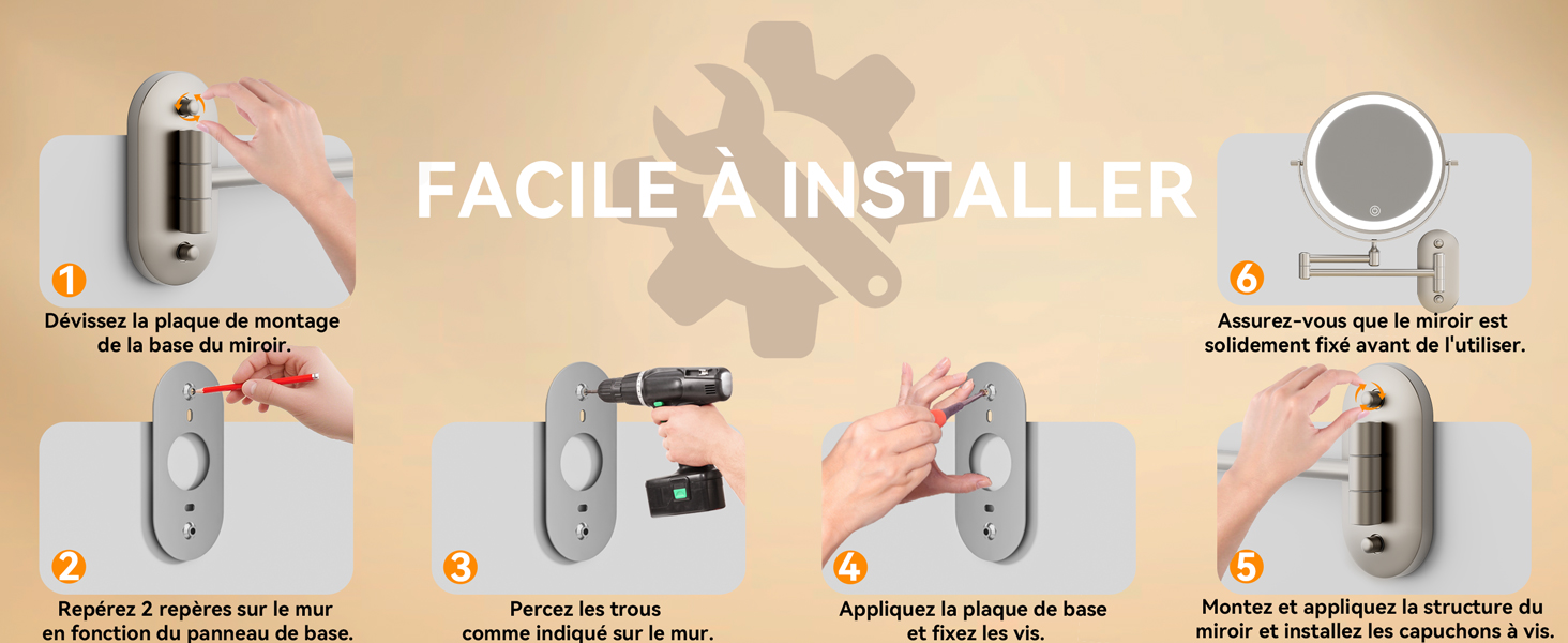 Le texte indique « FACILE À INSTALLER ». Guide d'installation contenant des instructions étape par étape avec des schémas numérotés pour le montage ou le processus d'assemblage.