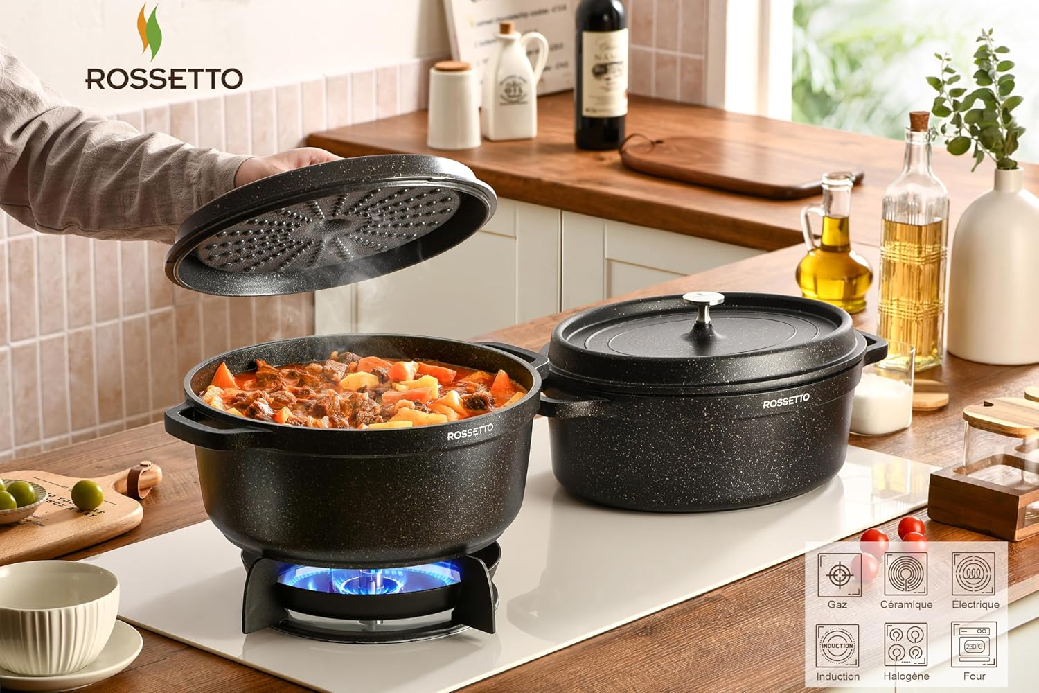 Rossetto - Cocotte en fonte aluminium 38cm - 10,6L, antiadhérent, induction et four, couvercle picots saveurs