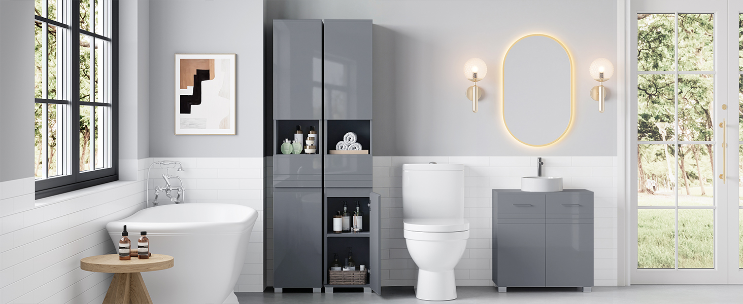 Série de photos d'intérieur de salle de bain montrant des luminaires blancs modernes, des murs gris et des accessoires muraux au design minimaliste contemporain.