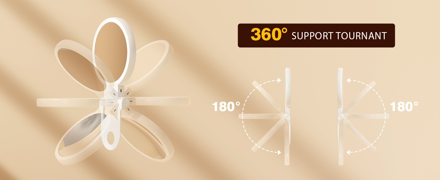 Support de téléphone en plastique blanc avec bras flexibles. Le diagramme montre la capacité de rotation à 360 degrés avec un mouvement de 180 degrés