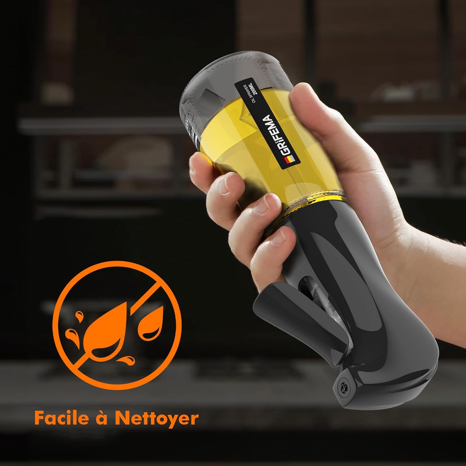 GRIFEMA - GE2003B - Pulvérisateur Huile Verre 200 ml - Jet réglable, nettoyage facile, noir