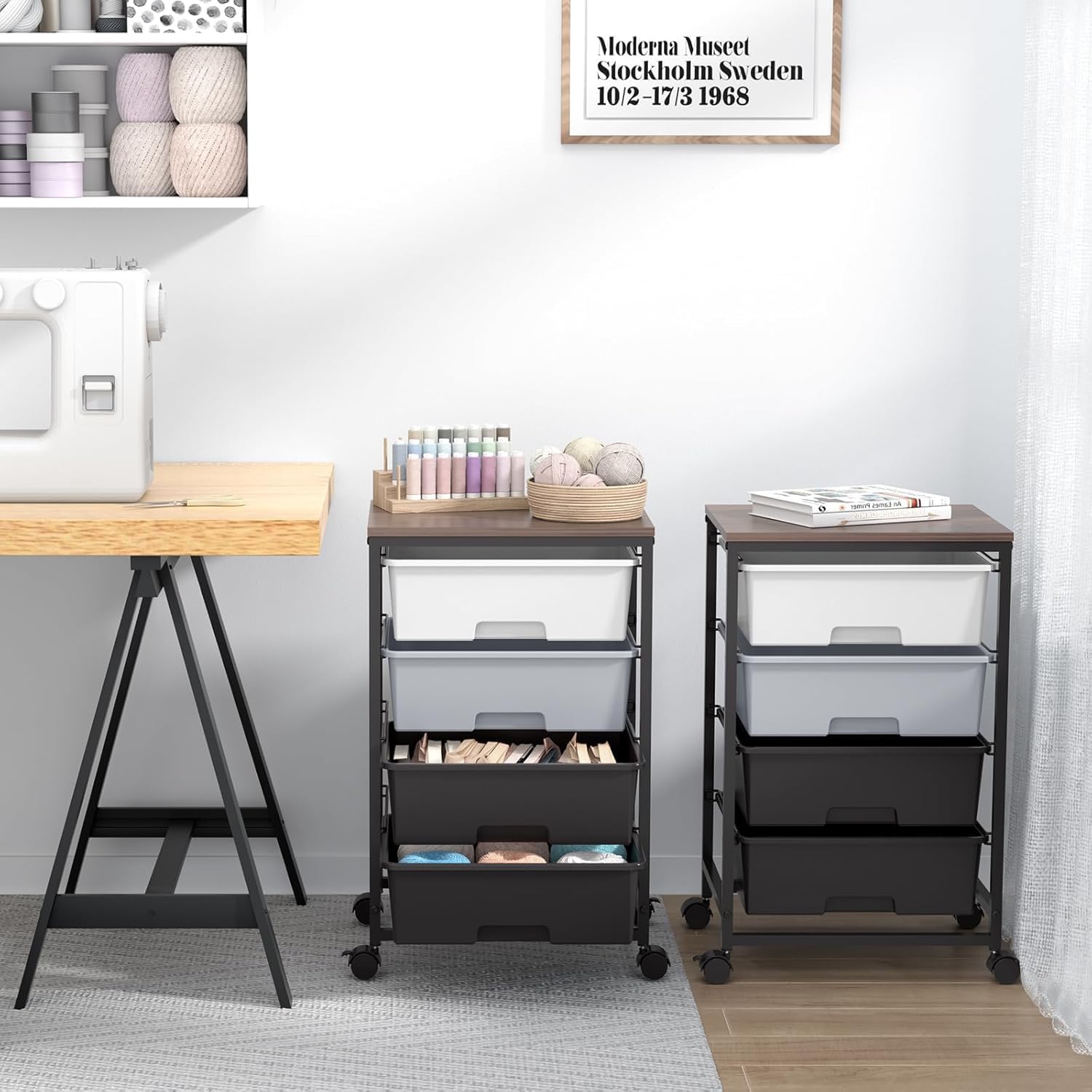 Chariot de rangement - 4 tiroirs, roulettes, plateau bois, gris, grande capacité