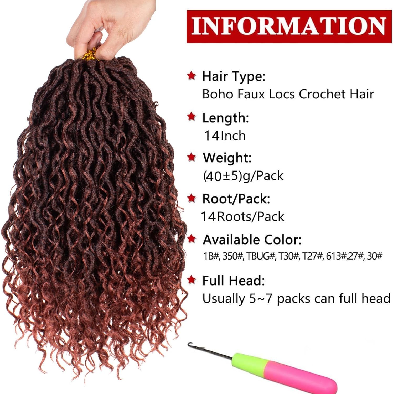 Xtrend - lot de 8 fausses dreadlocks bohème, 35,6 cm, 14 mèches, T350#