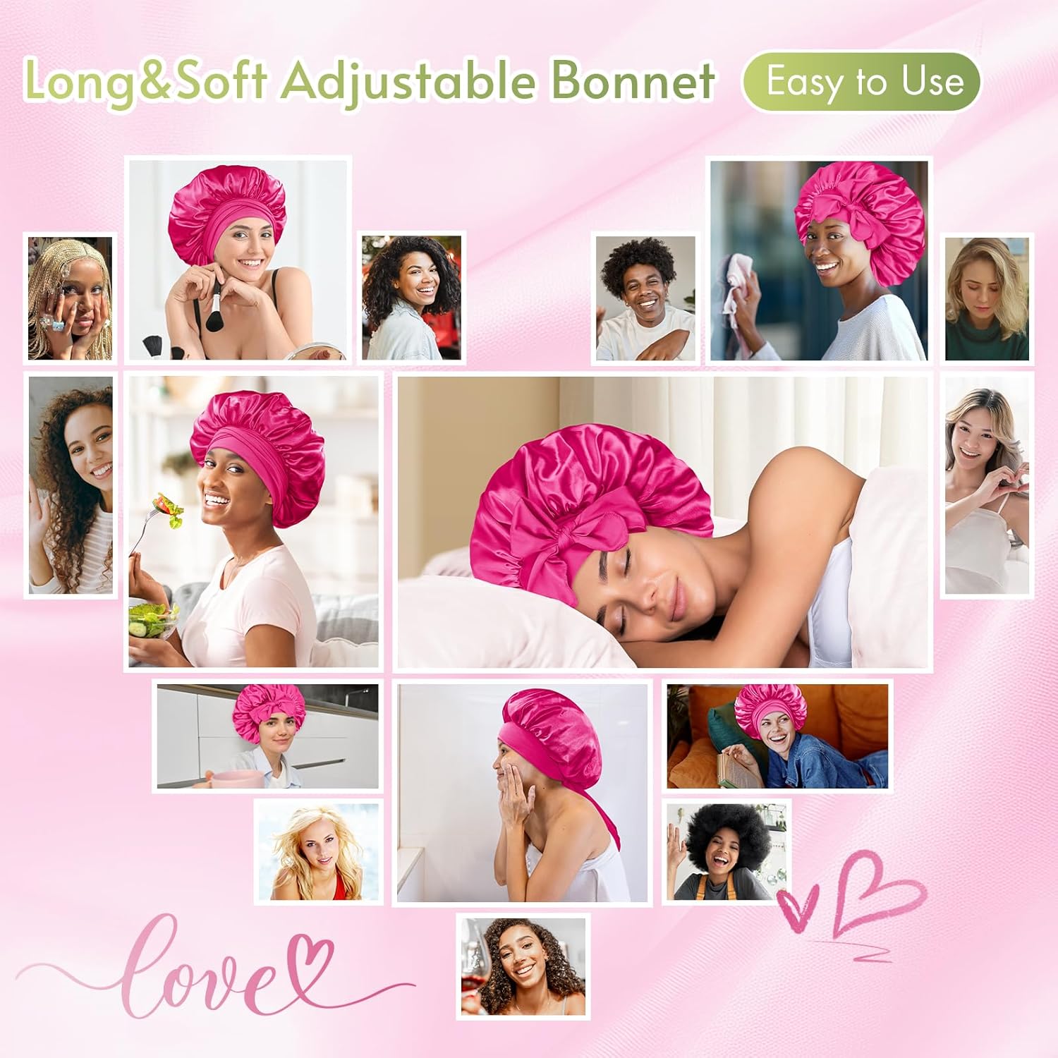 BONNET QUEEN - bonnet satin ajustable, taille moyenne, élastique long, rose vif