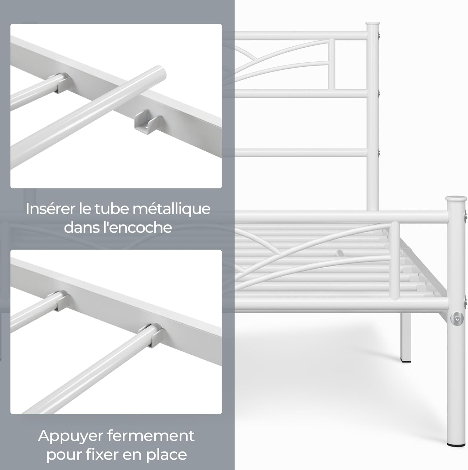 Yaheetech – lit simple métal – 90x200cm – blanc, montage facile