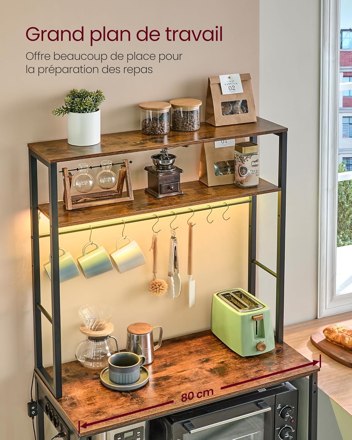 VASAGLE - étagère cuisine LED, multiprise, 8 crochets, étagères réglables, 40x80x168,4 cm - KKS050KD01