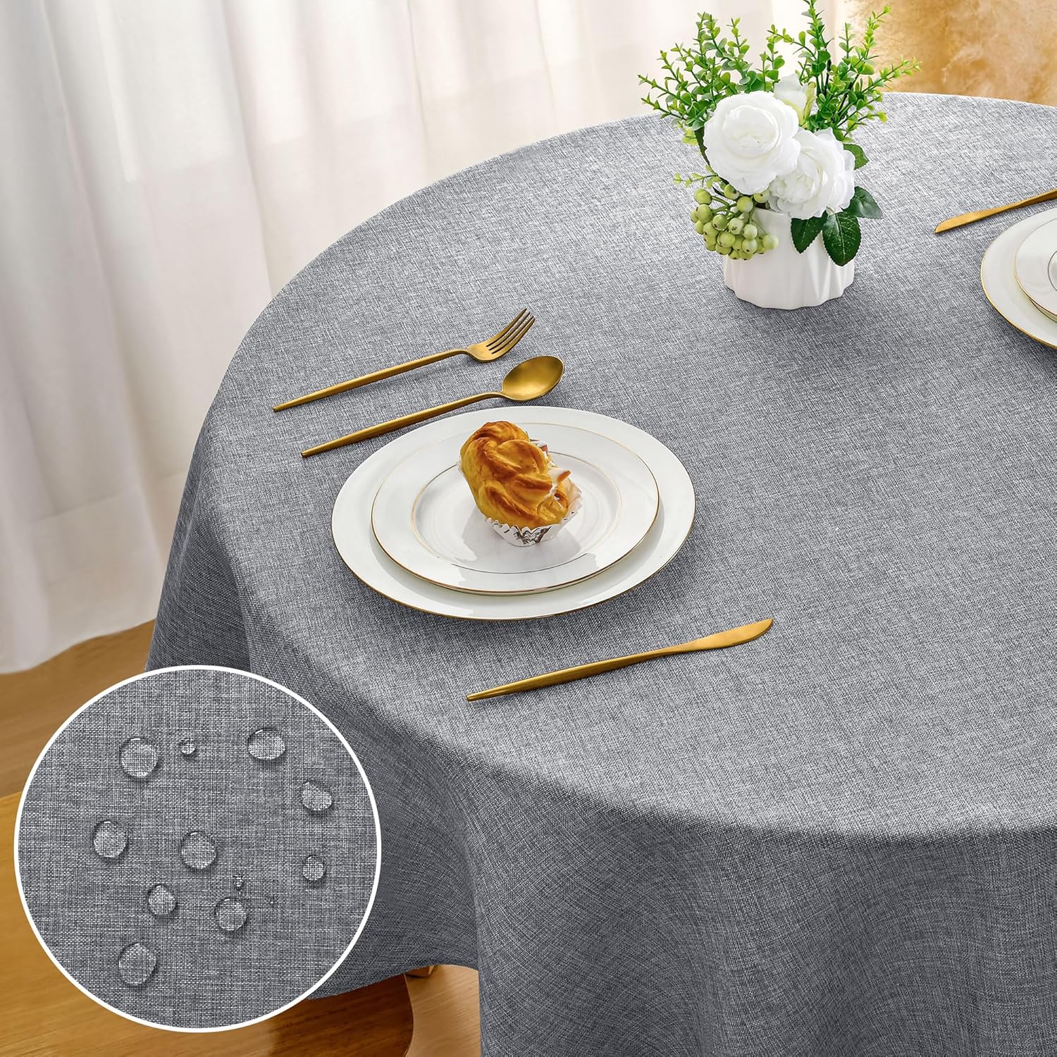 DWCN - Nappe ronde 180 cm - anti-tache, imperméable, effet lin