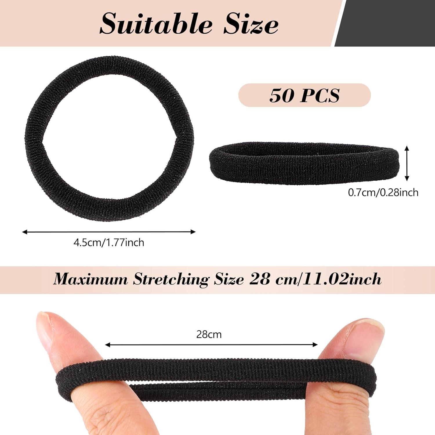 Élastiques à cheveux - lot de 50, 4,5 cm, noirs, sans métal, femmes/hommes/enfants