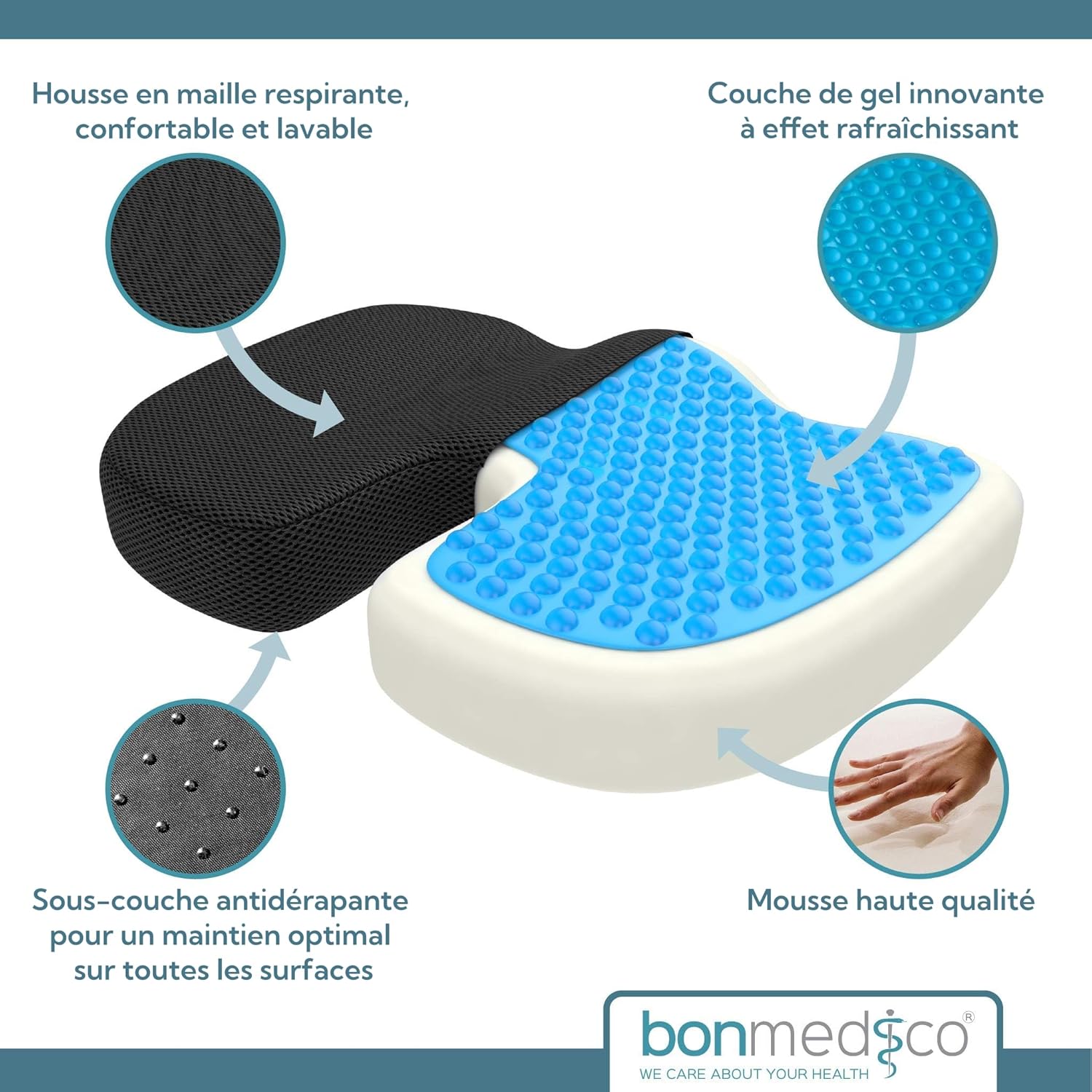 Coussin assise ergonomique mémoire de forme, large, soutien dos noir