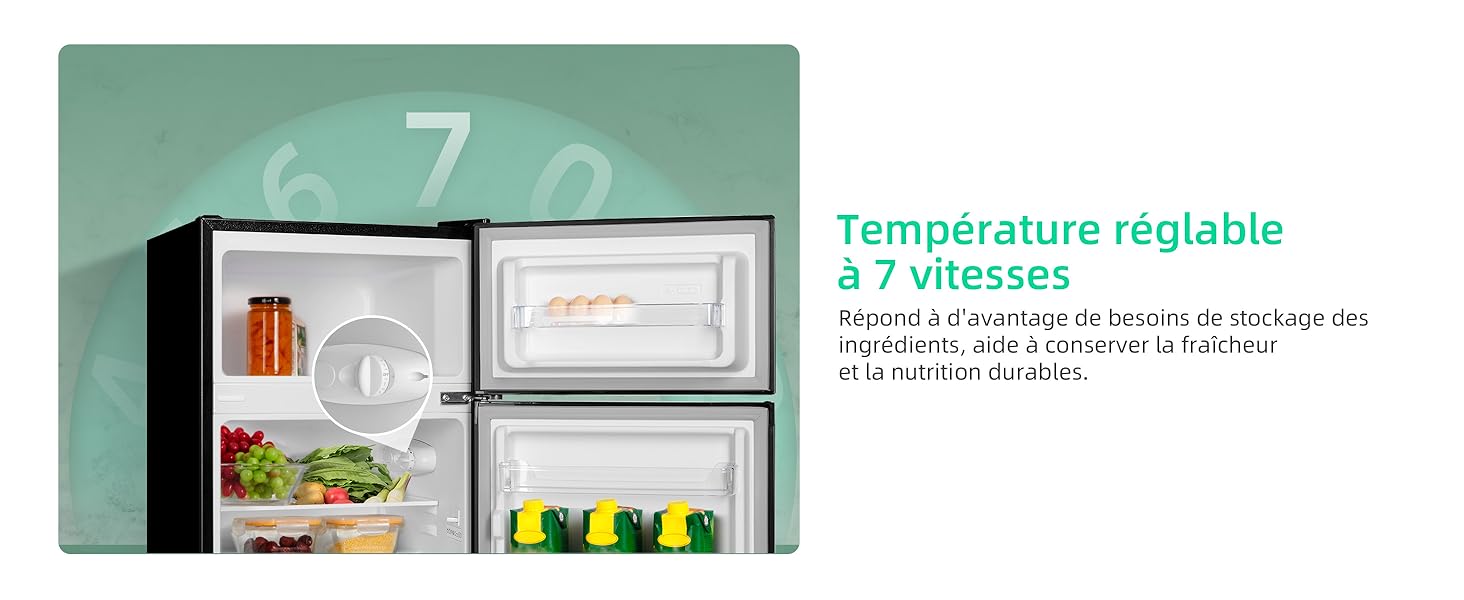 Réfrigérateur ouvert avec contrôle de température réglable à 7 vitesses. L'intérieur montre des produits alimentaires sur des étagères et dans les compartiments des portes.