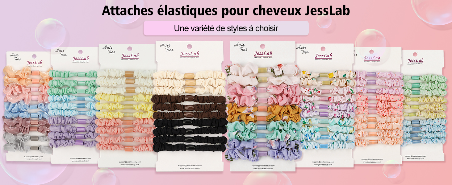 Présentation d'élastiques à cheveux colorés dans différentes nuances pastel, organisés en plusieurs emballages. Le produit est étiqueté « Attaches élastiques pour cheveux JessLab