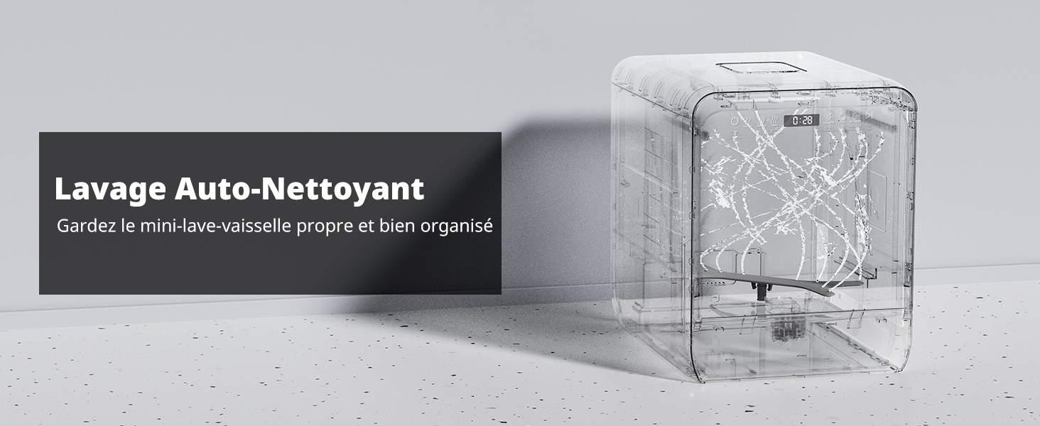 Appareil transparent en forme de cube avec de l'eau à l'intérieur. Le texte superposé indique « Lavage Auto-Nettoyant », ce qui suggère qu'il s'agit d'un appareil de