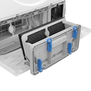 Schéma technique montrant les différentes étapes de ce qui semble être un filtre mécanique ou un système de nettoyage avec des brosses noires et des composants bleus.