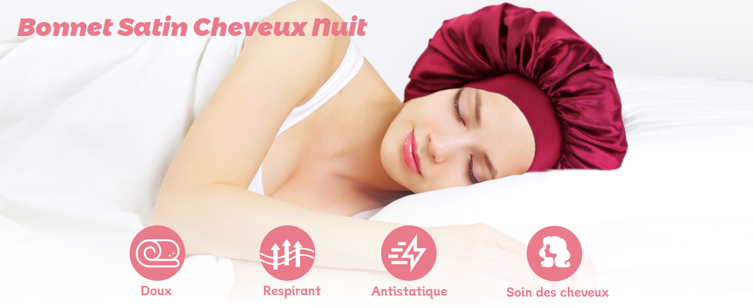 représentant une personne posée sur un oreiller. Des icônes indiquent les caractéristiques du produit : doux, respirant, antistatique, soin des cheveux.