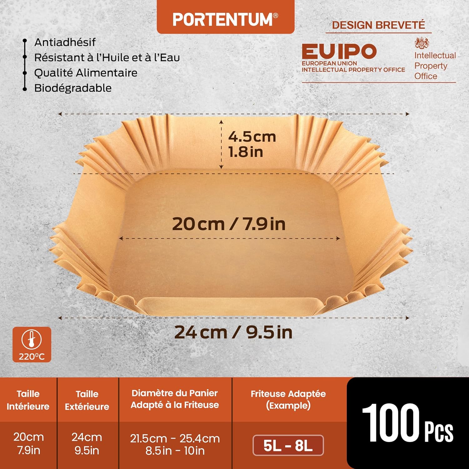 PORTENTUM - papier cuisson air fryer - 20x24cm - 100 pièces sans BPA