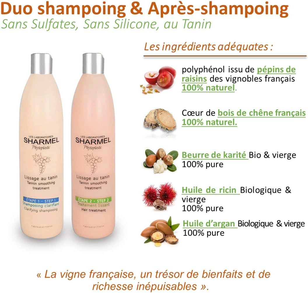 Kit duo shampoing/soin 1L sans sulfate/silicone, lissage au tanin, fabrication française