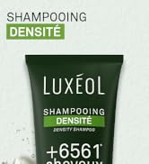 Le texte indique « SHAMPOOING DENSITE LUXEOL ». Image du produit montrant des bouteilles de soins capillaires et des emballages aux couleurs vert et blanc.