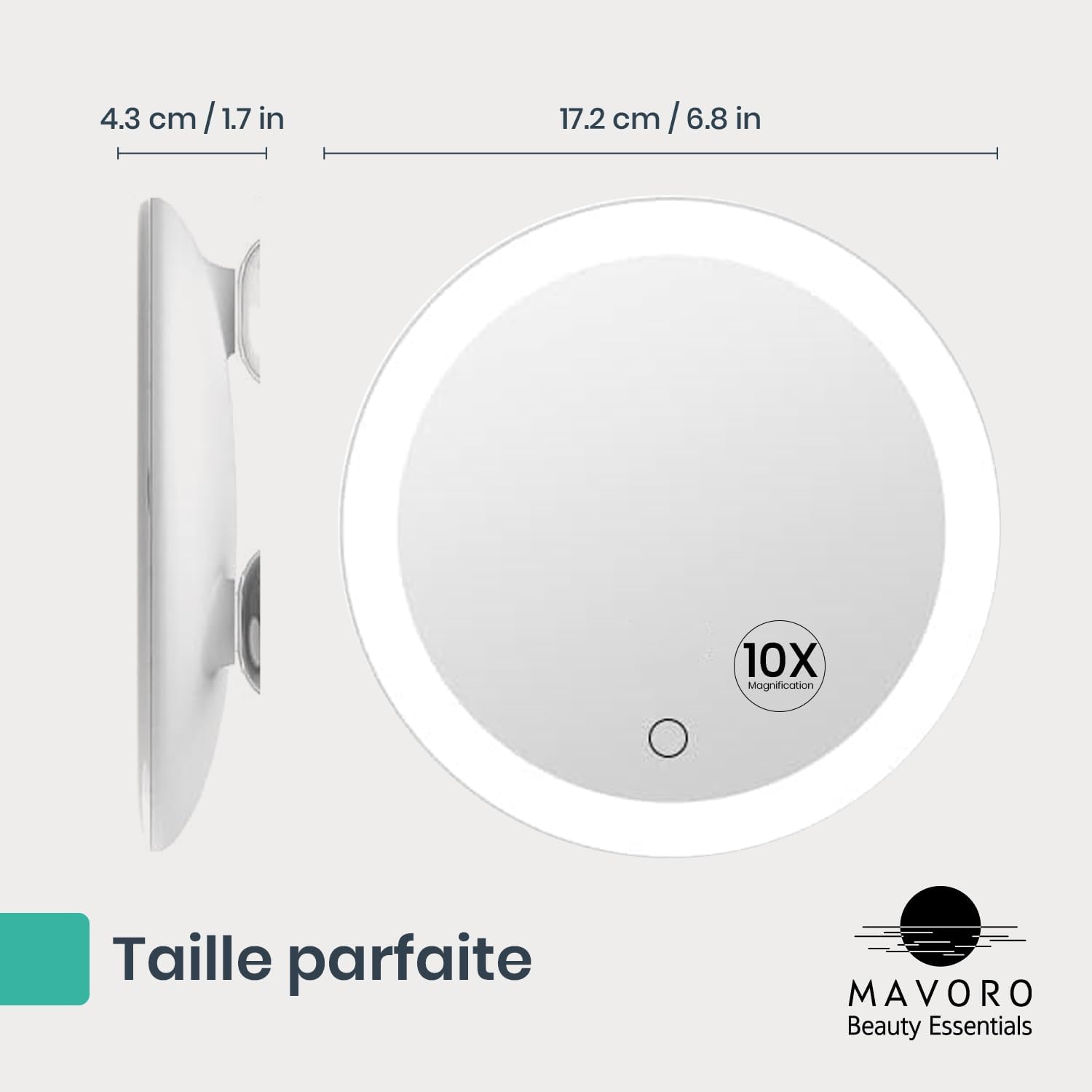 Mavoro - miroir grossissant LED 17cm, 10X, 3 ventouses, portable