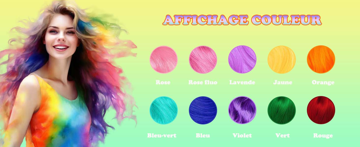 comprenant dix nuances vibrantes, dont le rose, le violet, le jaune, l'orange, le bleu et le vert. Échantillons de couleurs circulaires affichés sur un fond clair.