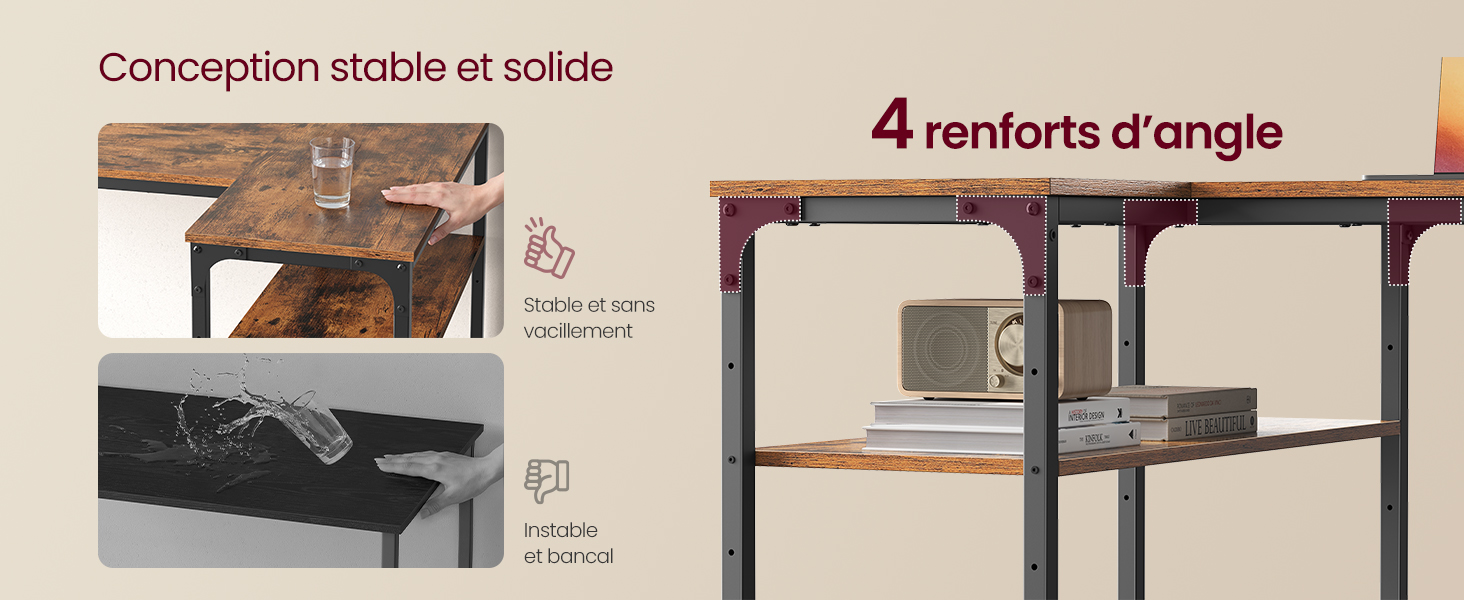 Le texte indique « Conception stable et solide » et « 4 renforts d'angle ». Schéma technique montrant les supports d'angle renforcés pour la construction de meubles avec images de comparaison.