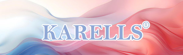 Le logo de la marque « KARELLS » est affiché sur un fond fluide dégradé de vagues rouges, blanches et bleues