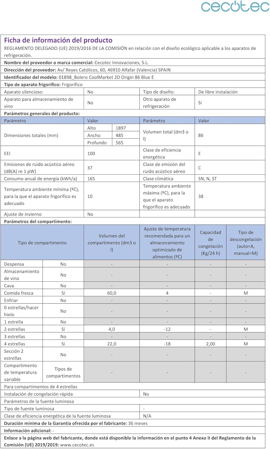 Cecotec - Bolero CoolMarket 2D Origin 86 - 86L, 2 portes, No Frost, 89,3x48,7cm, lumineux, bleu