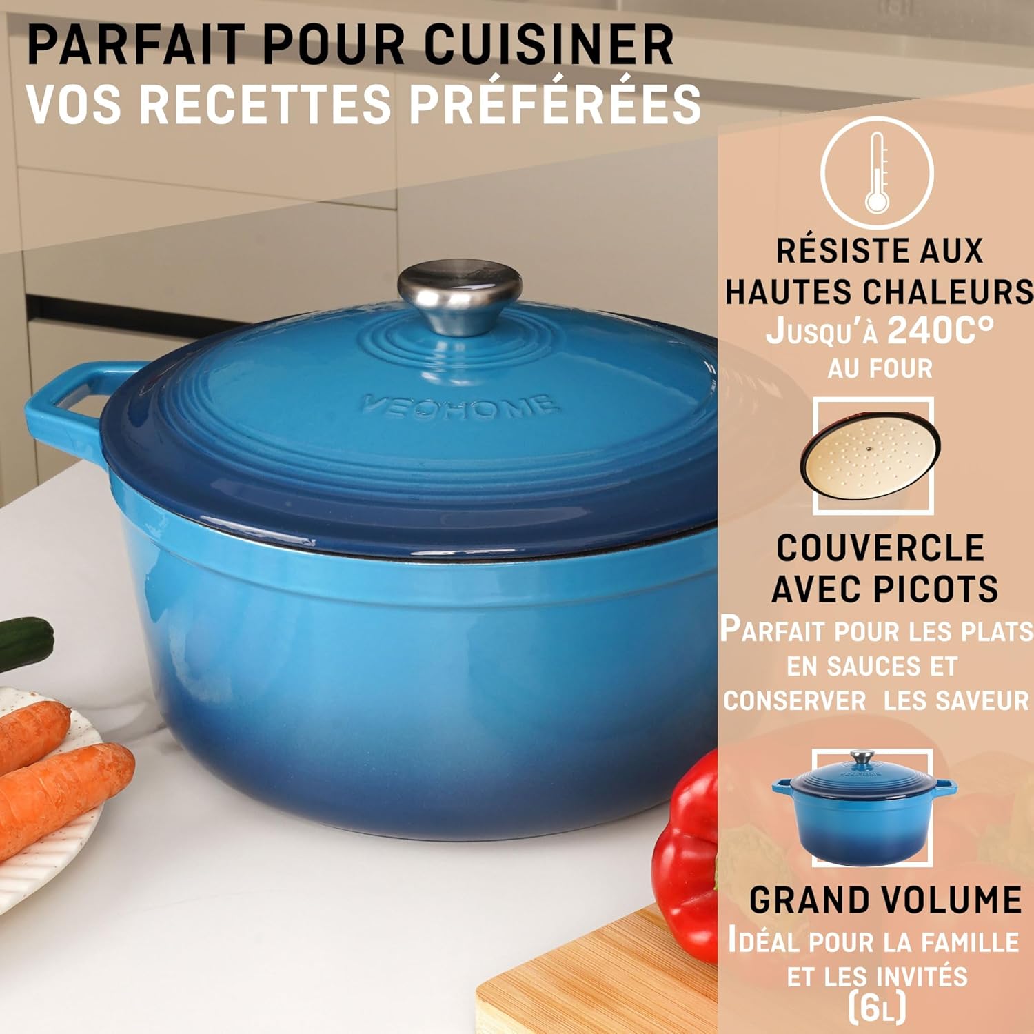 VeoHome - Cocotte Fonte Émaillée 6L - 28cm - Induction/Gaz/Four, cuisson homogène