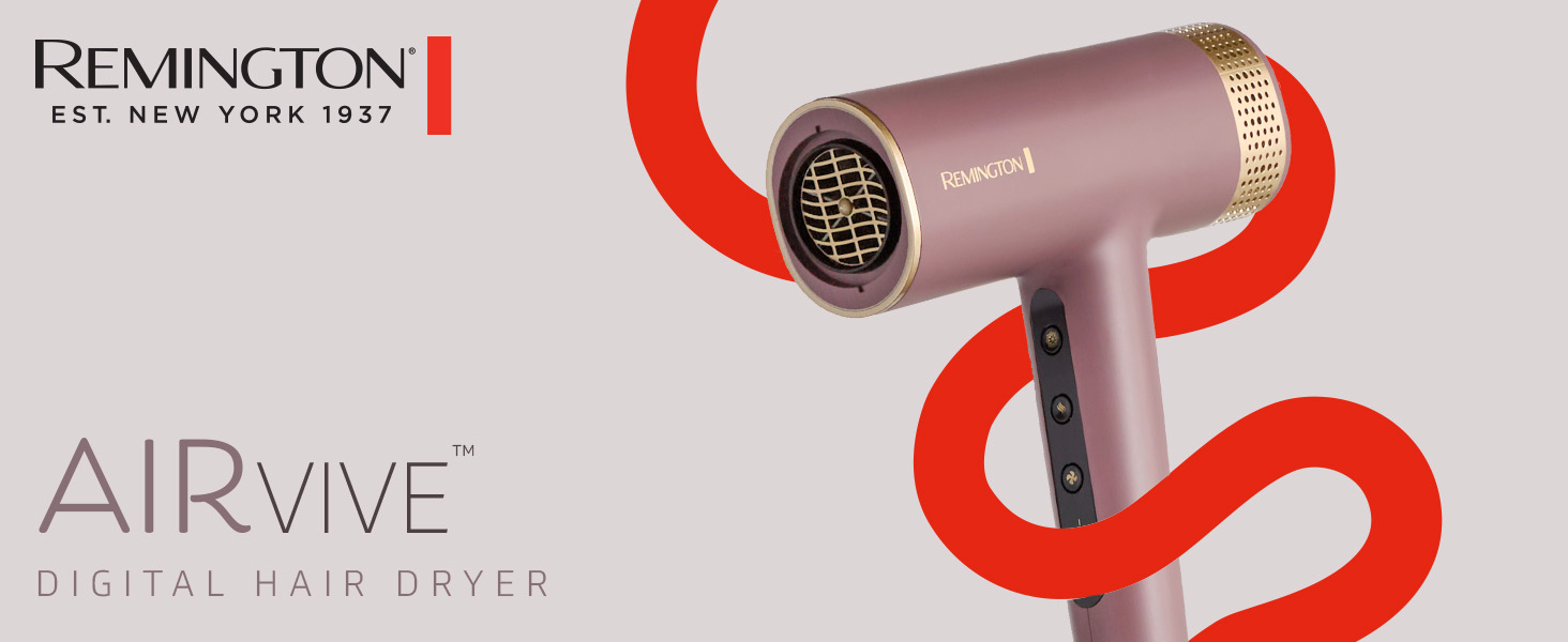 Le texte indique « REMINGTON » et « SÈCHE-CHEVEUX NUMÉRIQUE AIRVIVE ». Sèche-cheveux en or rose affiché sur fond blanc avec une ligne d'accent rouge incurvée.
