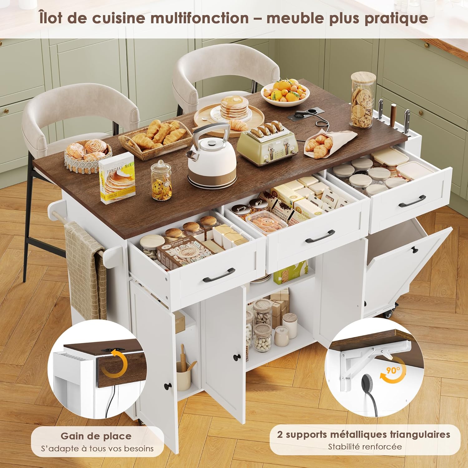 FirFurd - îlot cuisine rangement pliable, USB, blanc, 135x60x88cm