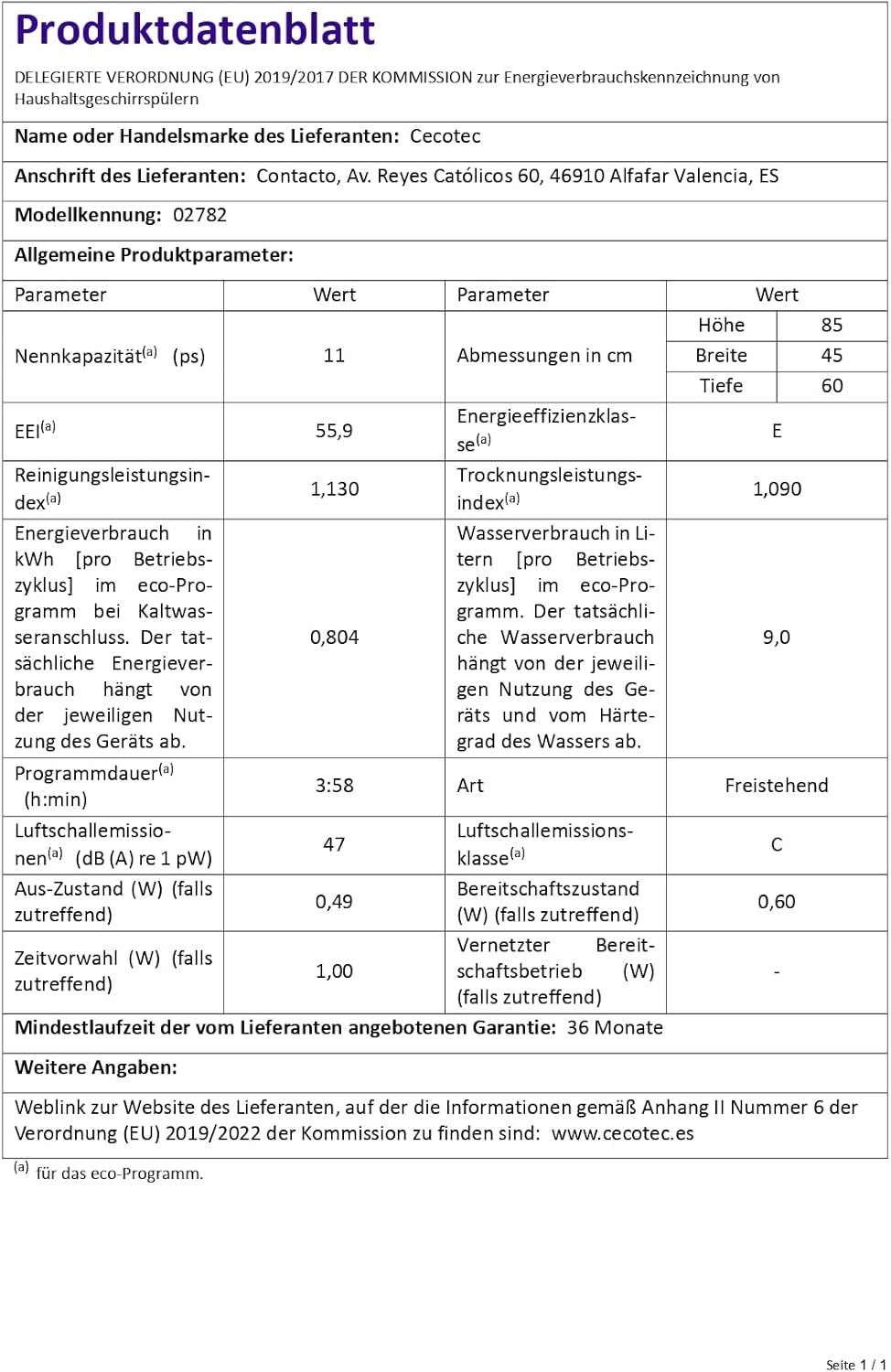 Cecotec - Bolero Aguazero 4201 - 45cm - 11 couverts, 6 programmes, classe E