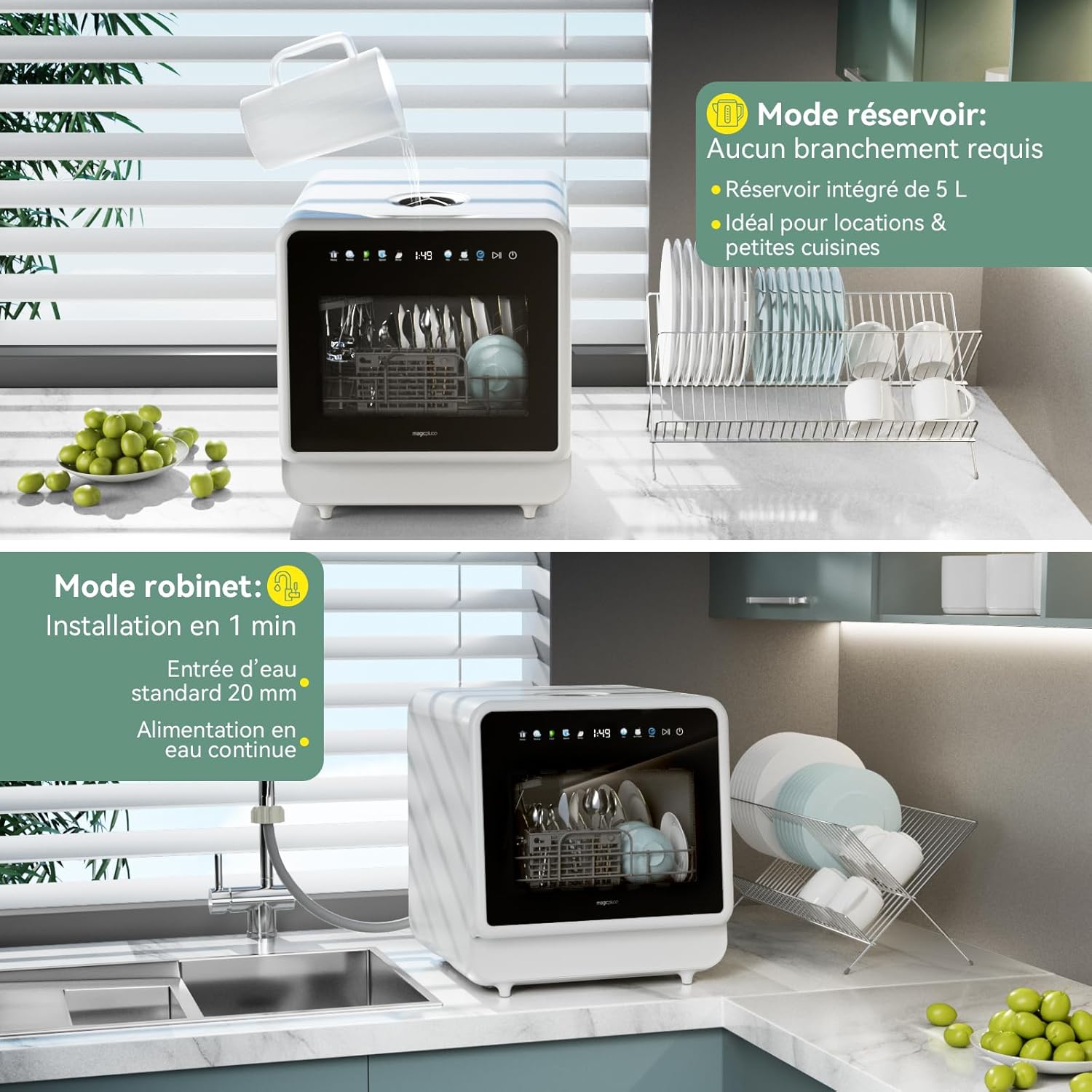 Lave-vaisselle compact de table, 5 couverts, écran couleur, 5L, 5+3 programmes