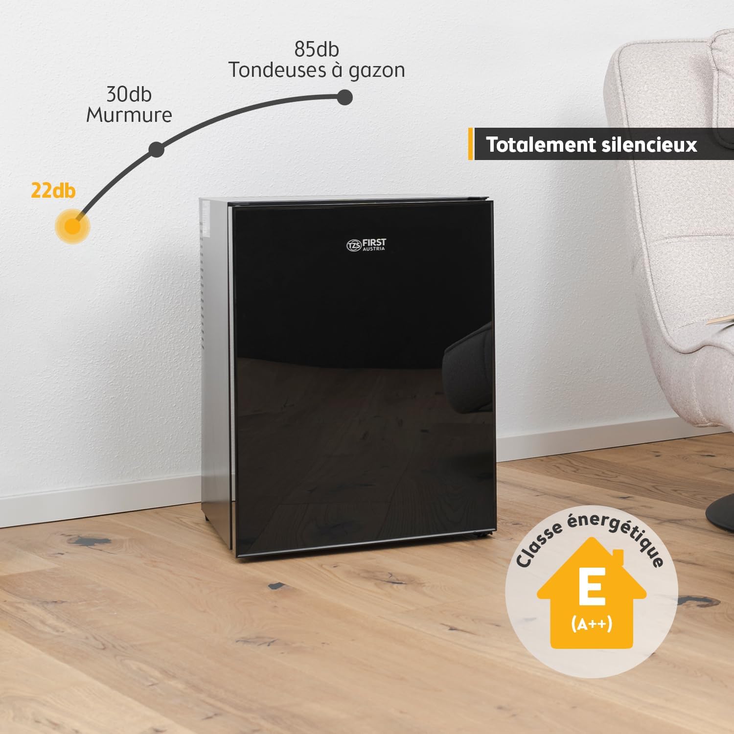 TZS First Austria - mini-frigo 40L silencieux, porte réversible, intérieur éclairé, compact pour bureau ou hôtel