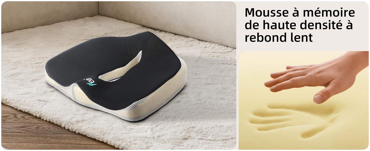 Image à deux panneaux d'un coussin foncé sur du tissu et d'une main enfoncée dans de la mousse à mémoire de forme. Le texte français décrit la mousse viscoélastique haute densité à rebond lent