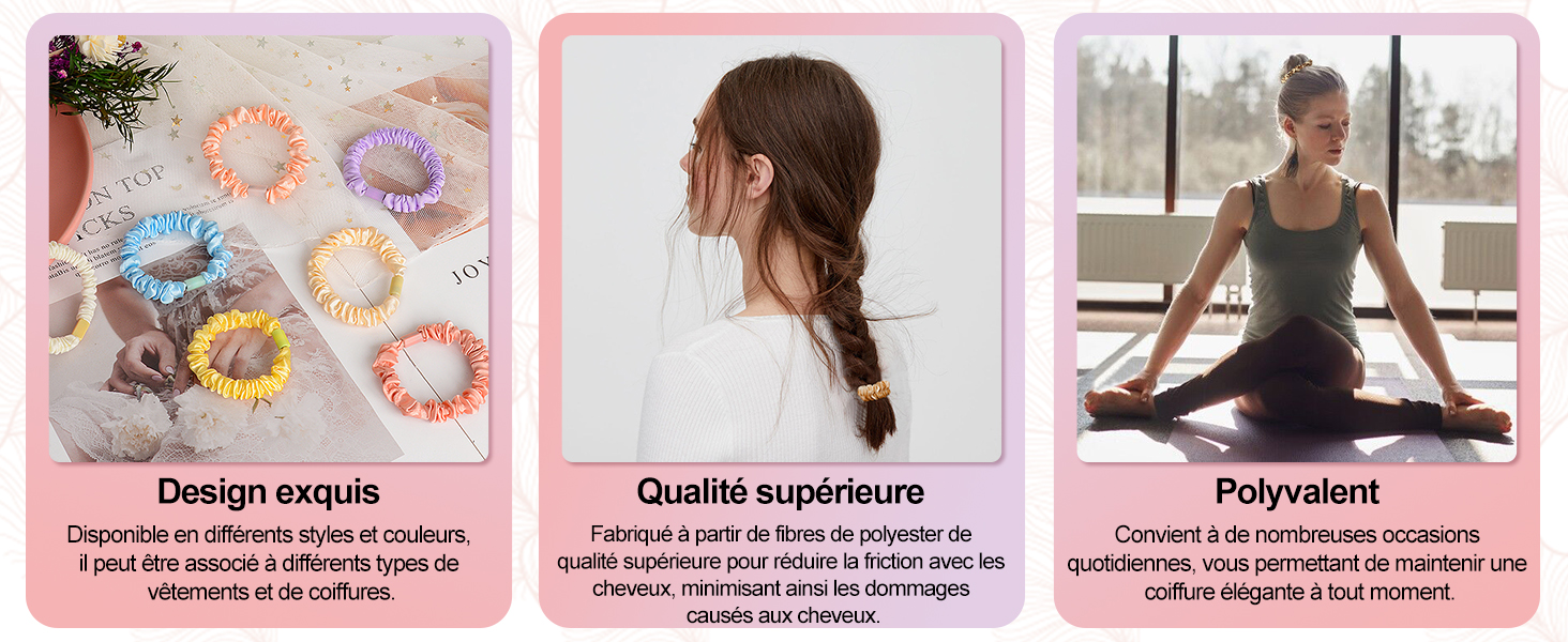 Image à trois panneaux montrant des chouchous colorés, une femme à la coiffure tressée et une personne dans une pose