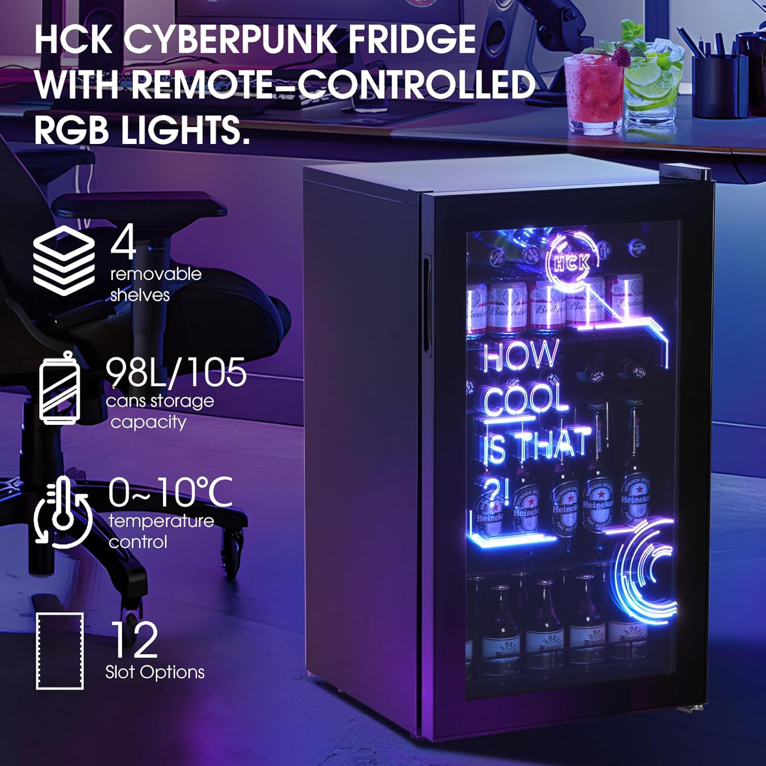 HCK - Mini Frigo 98L, éclairage LED, 0-10°C, silencieux, noir