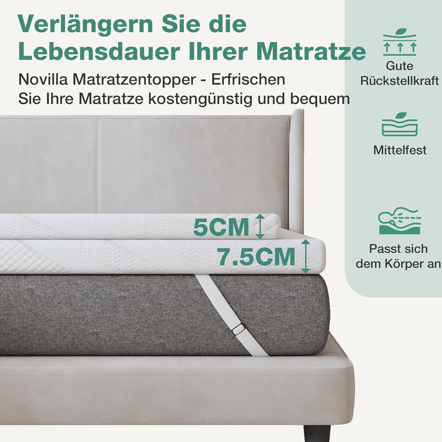 Novilla - surmatelas gel 5cm - 180x200 cm - mousse mémoire, housse lavable, antidérapant