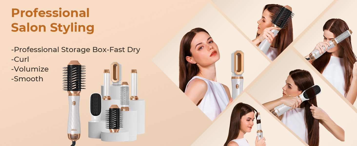 comprenant plusieurs accessoires de brosse et de coiffage, avec des fonctionnalités de surlignage de texte telles que Fast Dry, Curl et Volumize