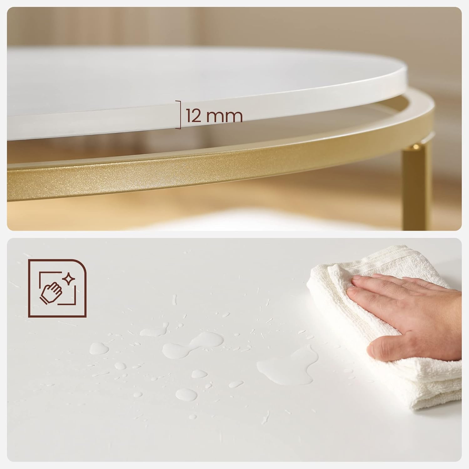 VASAGLE - Table basse ronde verre et acier, doré blanc, LCT091A10