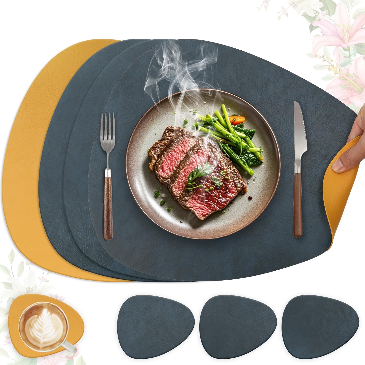 Sets de table - lot de 4, cuir PU, lavables, antidérapants, 41x33cm, bleu/jaune, ovale