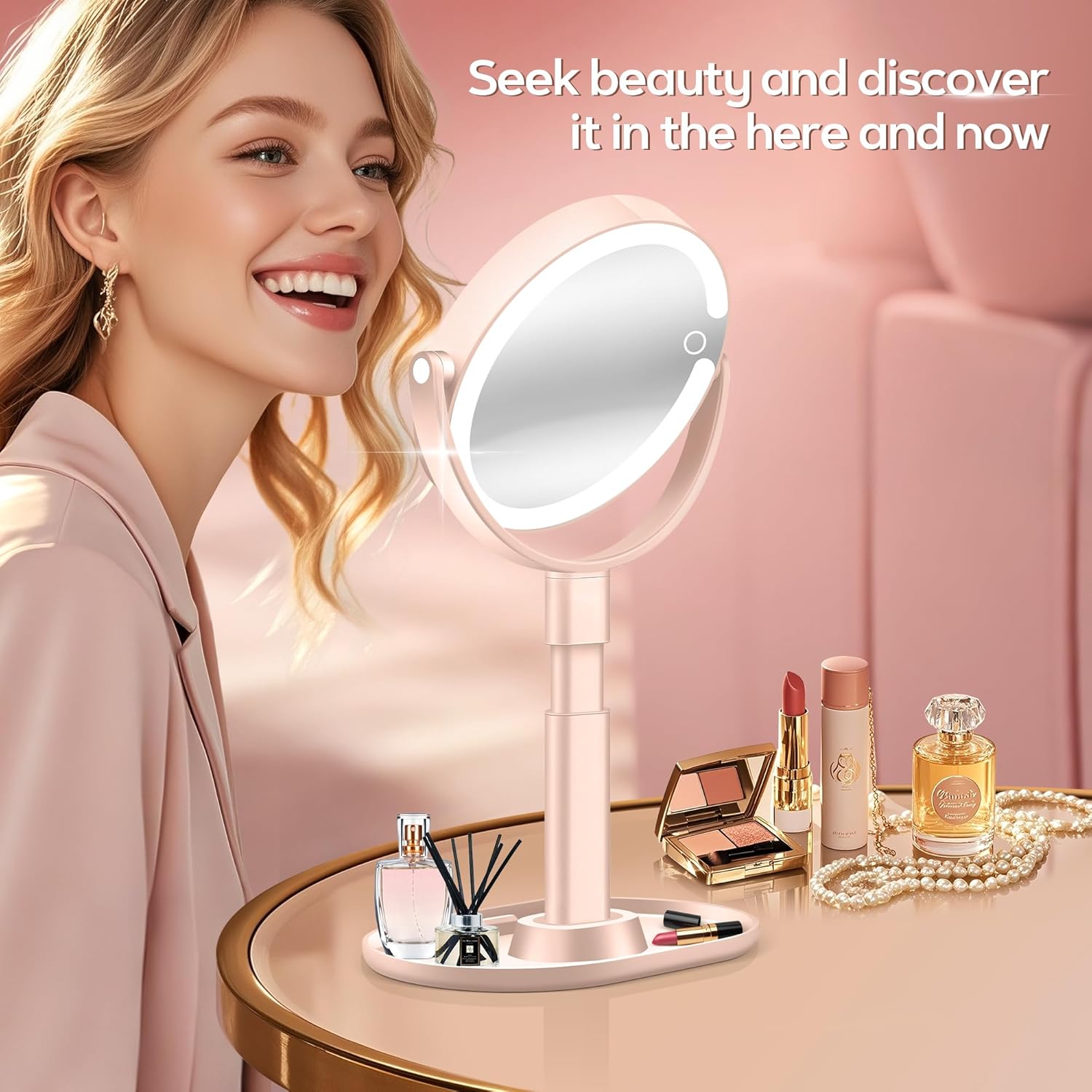 B Beauty Planet - miroir maquillage LED 30X, 2 côtés, 3 lumières, rose