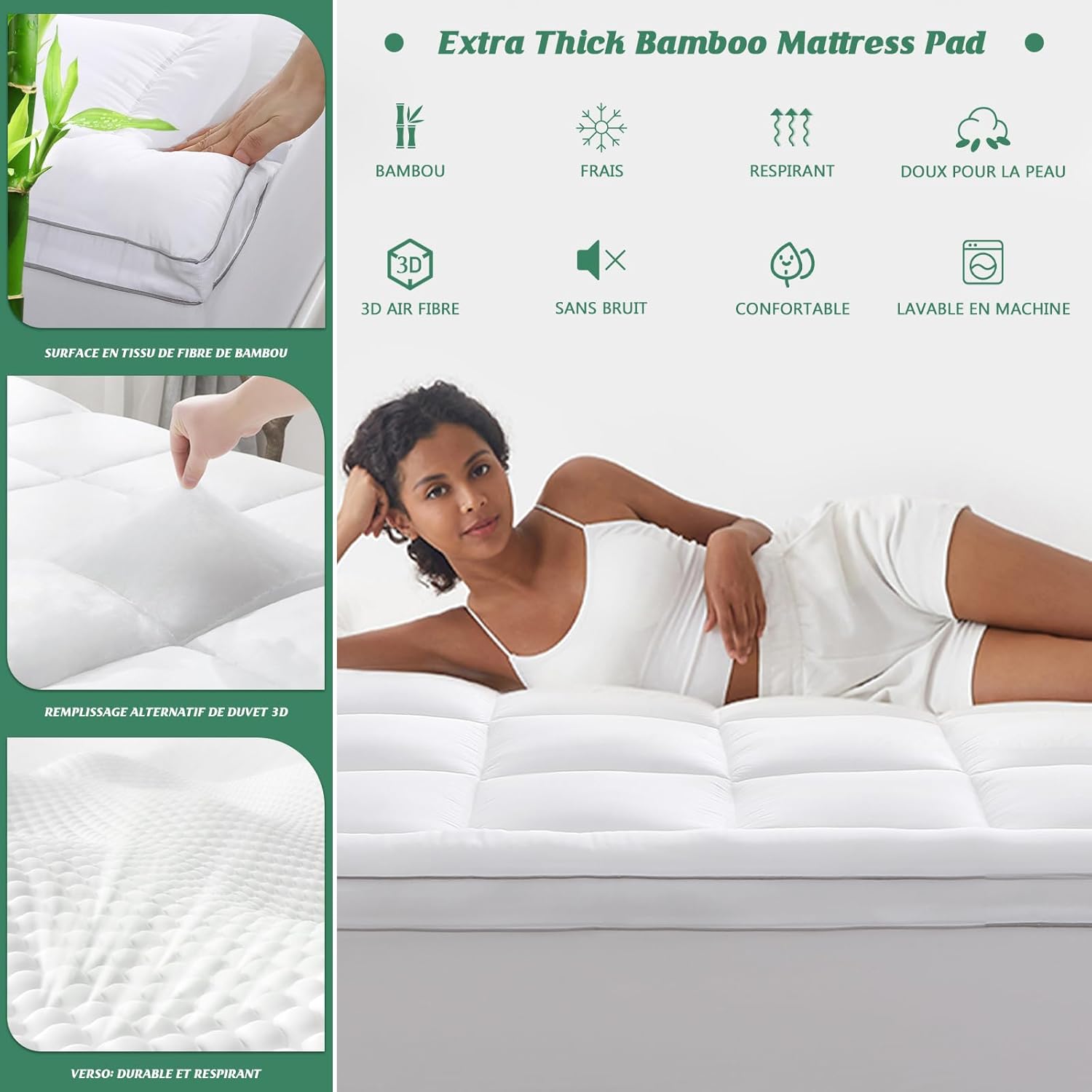 GRT - surmatelas - 90x190 cm - 6 cm épais, bambou 3D ultra-doux