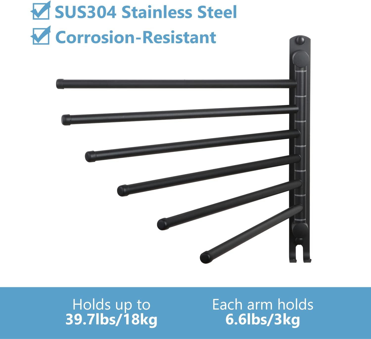 JSVER - porte-serviette 6 barres rotatives inox 180° - mural - Sèche-serviettes noir - SUS304