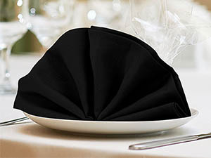 Serviette en tissu noir pliée en éventail sur une assiette blanche. Mise en table dans un restaurant ou une salle à manger.