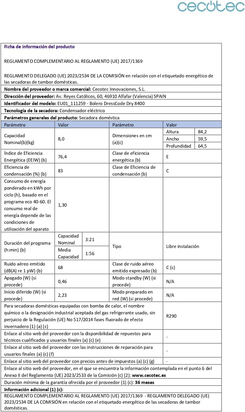 Cecotec - Bolero DressCode Dry 8400 - sèche-linge 8kg - pompe à chaleur, Classe A++, 15 programmes, écran tactile, DRY84