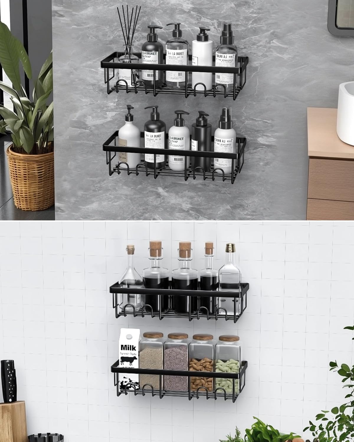 AceMining - Etagere Douche Noir - 3 Pack - Rangement adhésif, crochets, sans perçage