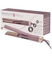 Le texte indique « REMINGTON AIR ». Outil de coiffure en or rose présenté sur l'emballage du produit et sur des photos individuelles, avec finition métallique et affichage numérique.